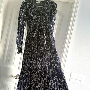 Moon River by Anthropologie -Long Navy Floral Maxi Dress with Smocked Bodice